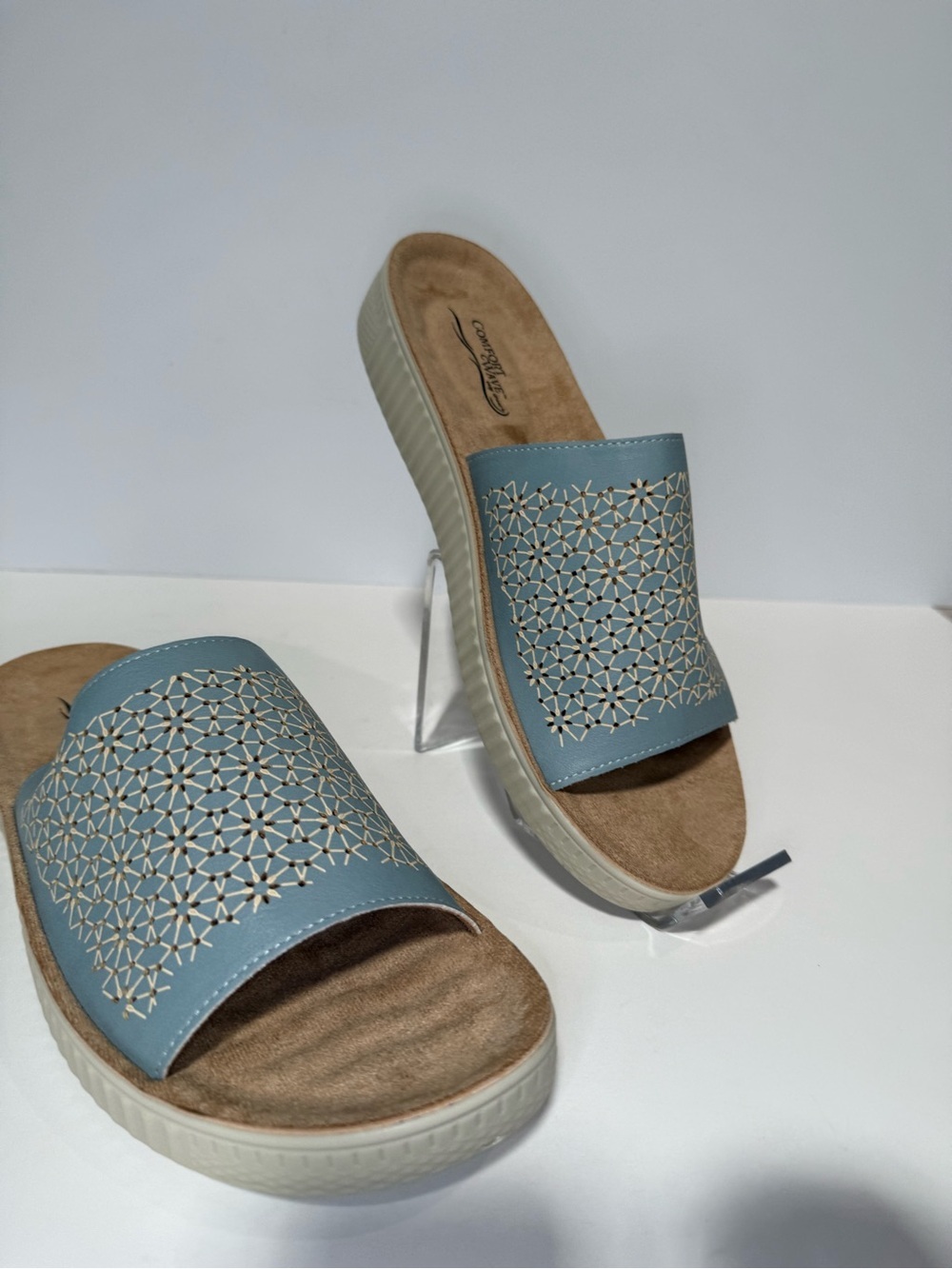 comfort plus by Predictions Light Blue Laser-Cut Slide Mules